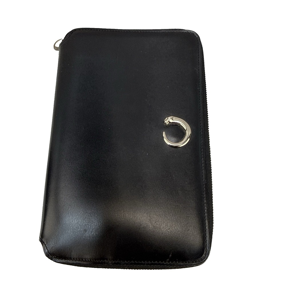 Cartier Vintage Black Leather Panthere Long Wallet Zip Around Passport